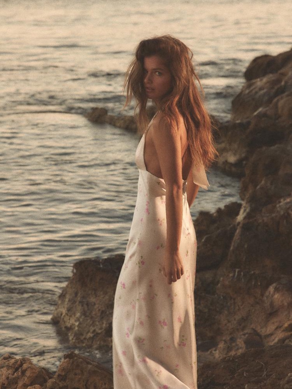 Zara Cream Maxi Slip Dress with Pink Floral Print